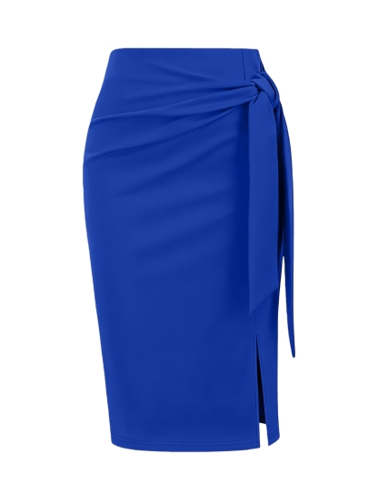 Falda media lápiz de mujer negra con corbata y lateral con ruchedura con abertura lateral