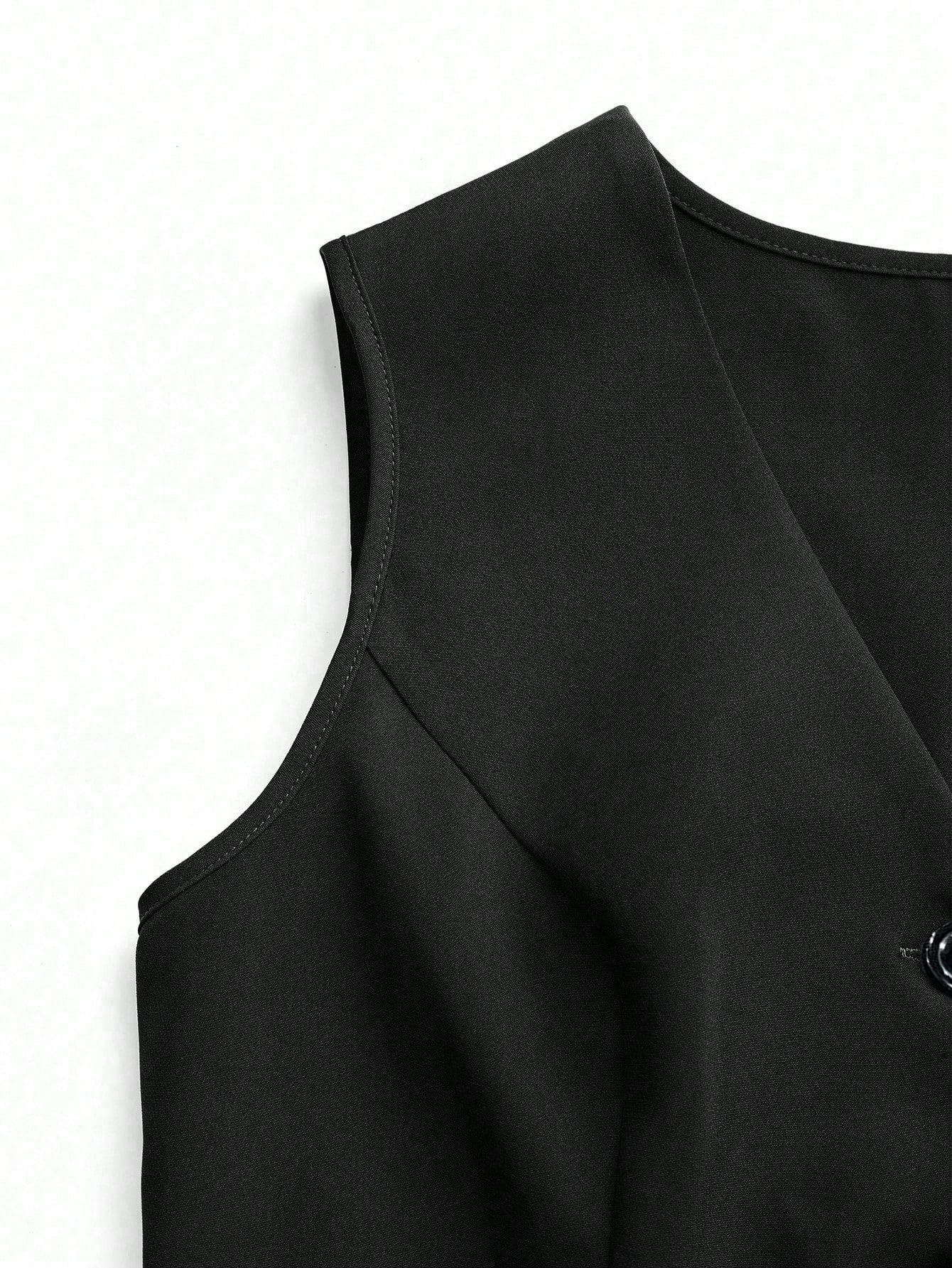 Y2K Black Button-Front Fitted Vest-Aegean-sea