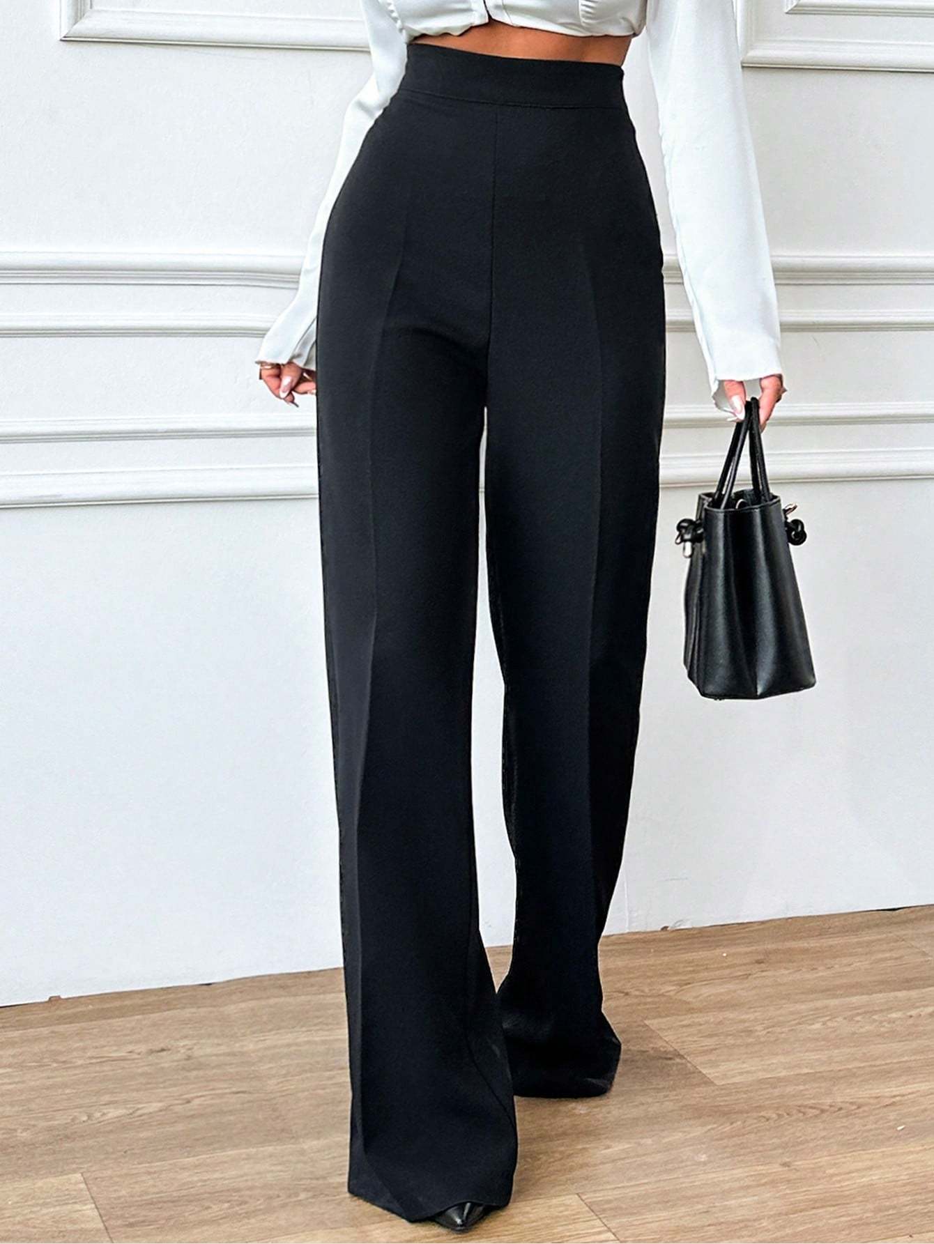 Women's Black High-Waisted Wide-Leg Trousers-Aegean-sea