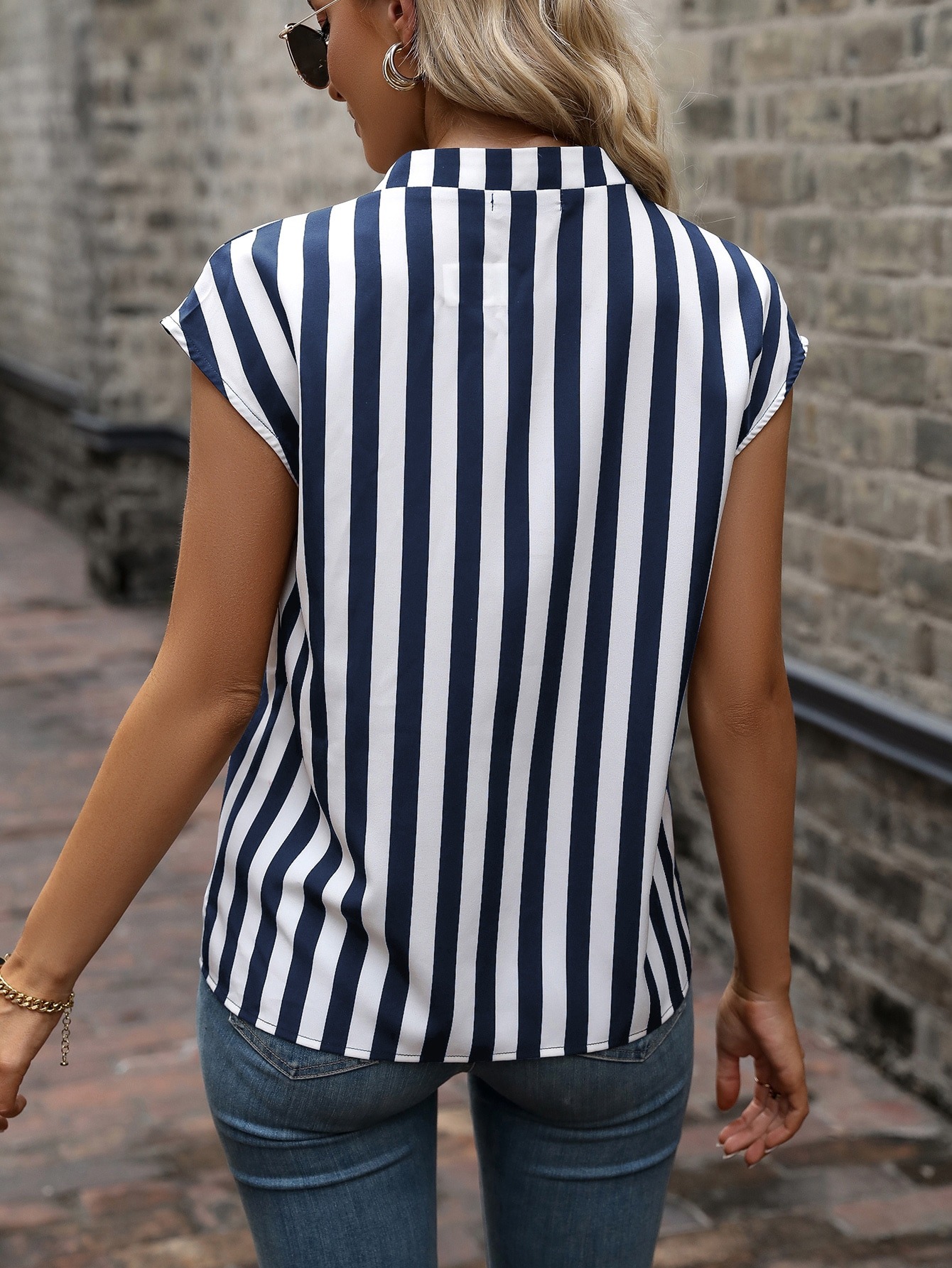 Woman's Striped V-Neck Cap Sleeve Blouse-Aegean-sea