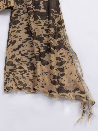 Tie Front Sheer Print Blouse - Square Neck Bell Sleeve Slim Fit Women's Top-Aegean-sea