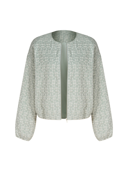 Light Green Textured Floral Puff Sleeve Zip-Up Jacket-Aegean-sea