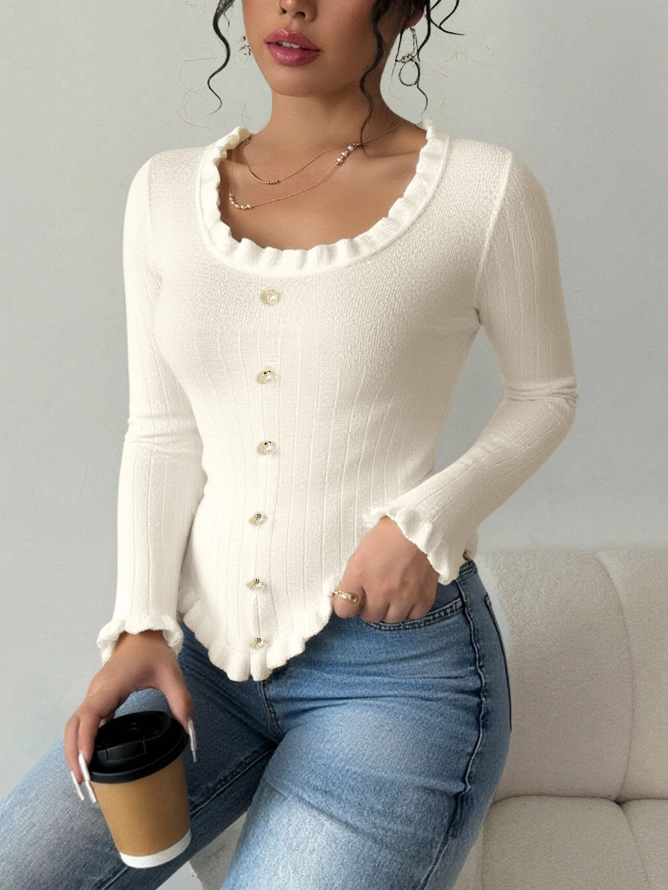 Woman's White Ruffled Square Neck Ribbed Knit Top with Pearl Buttons-Aegean-sea