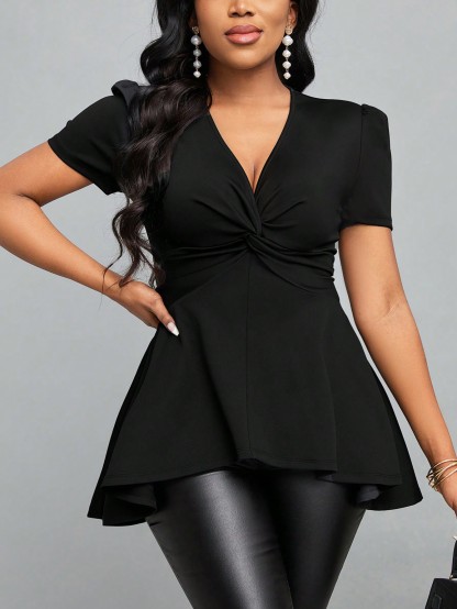 Woman's V-Neck Twist Front Puff Short Sleeve Peplum Top