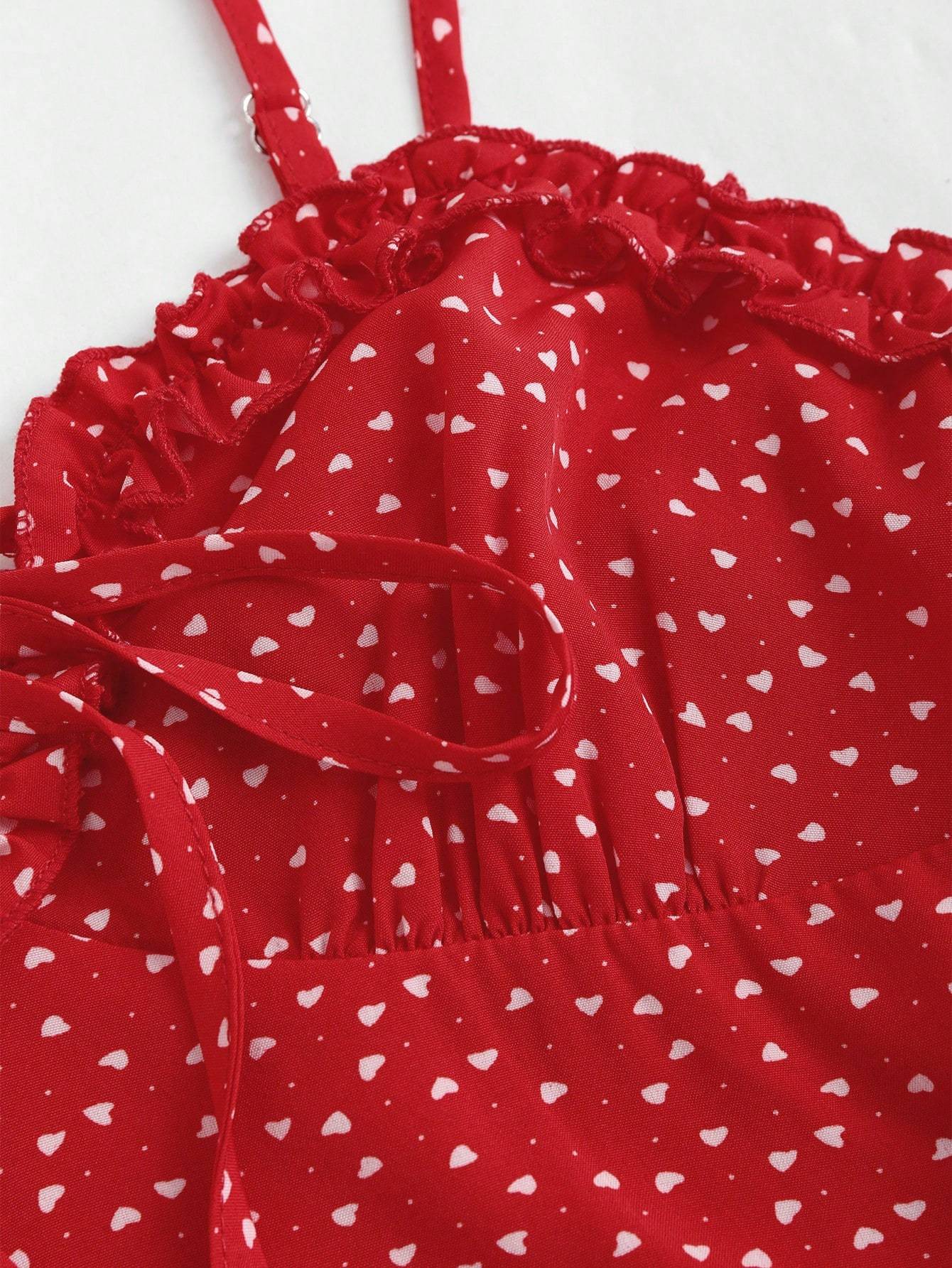 Woman's Red Heart Print Spaghetti Strap Sweetheart Neck Mini Dress-Aegean-sea