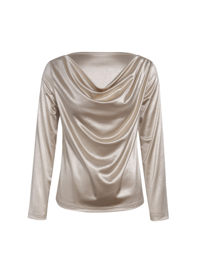 Y2K Beige Satin Cowl Neck Long Sleeve Top-Aegean-sea