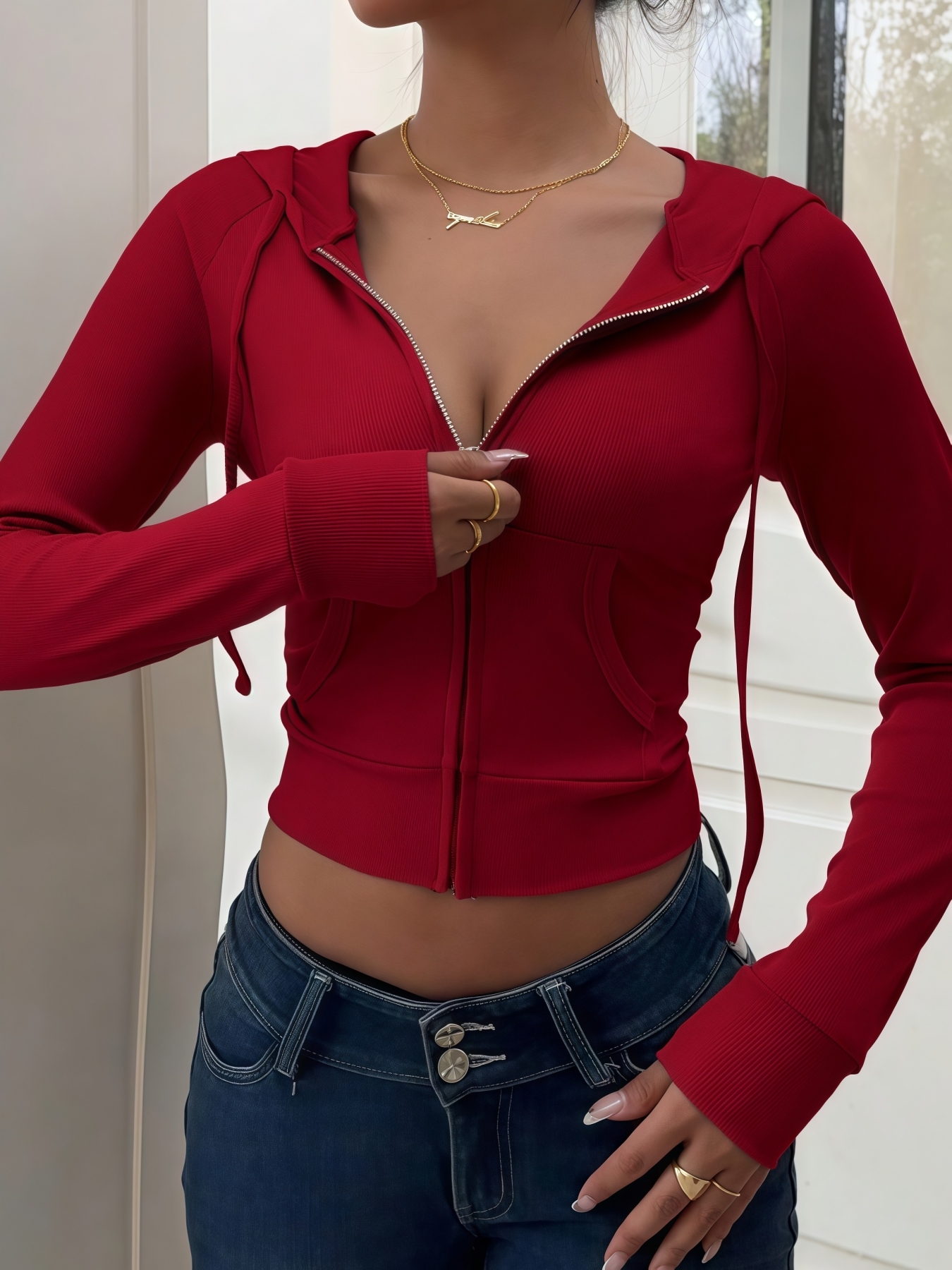 Woman's Red Fitted Rib-Knit Hooded Cropped Zip-Up Jacket | Hot Girl Waist-Baring Casual Cardigan-Aegean-sea