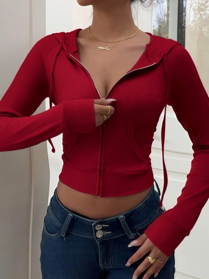 Woman's Red Fitted Rib-Knit Hooded Cropped Zip-Up Jacket | Hot Girl Waist-Baring Casual Cardigan-Aegean-sea