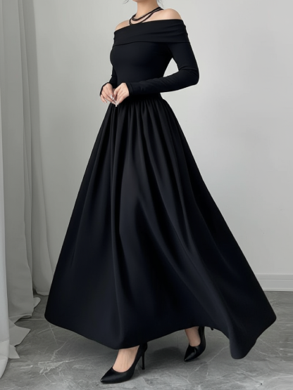 Woman's Black Off-the-Shoulder Long-Sleeve Maxi Dress with Full Skirt-Aegean-sea