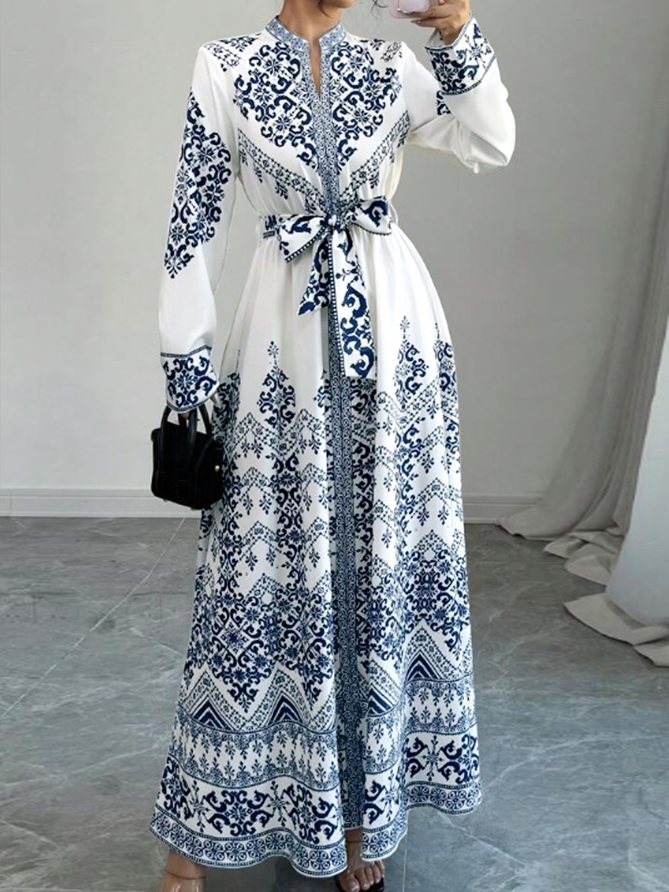 Tsinghua porcelain positioned floral print dress Standing collar with waist tie Long skirt with wide hem