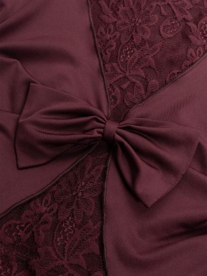 Women's Burgundy Long-Sleeve Off-the-Shoulder Back Lace Cutout Bow-Accent Fitted Blouse