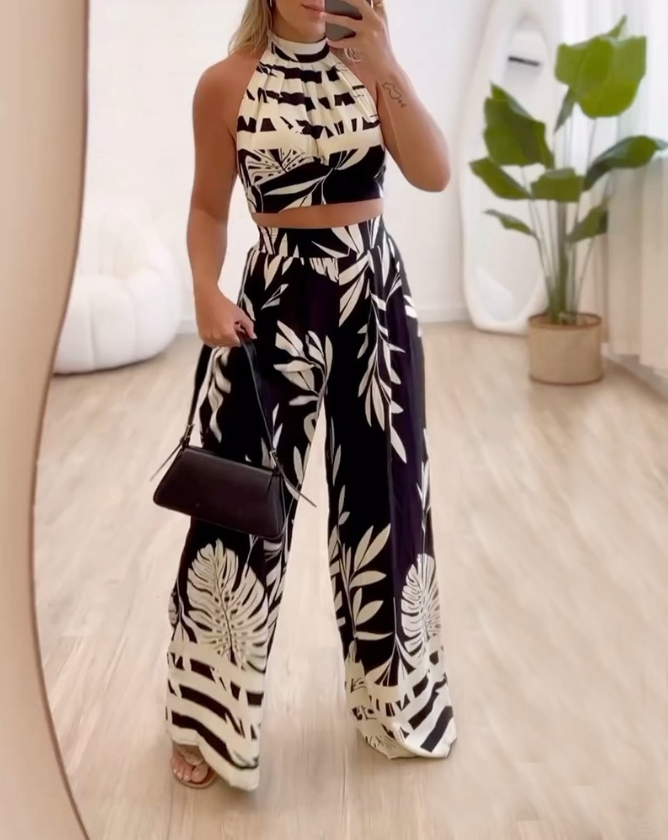 Women's Tropical Print Halter Two-Piece Set - Sleeveless Crop Top & High Waisted Wide Leg Pants