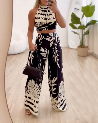 Women's Tropical Print Halter Two-Piece Set - Sleeveless Crop Top & High Waisted Wide Leg Pants