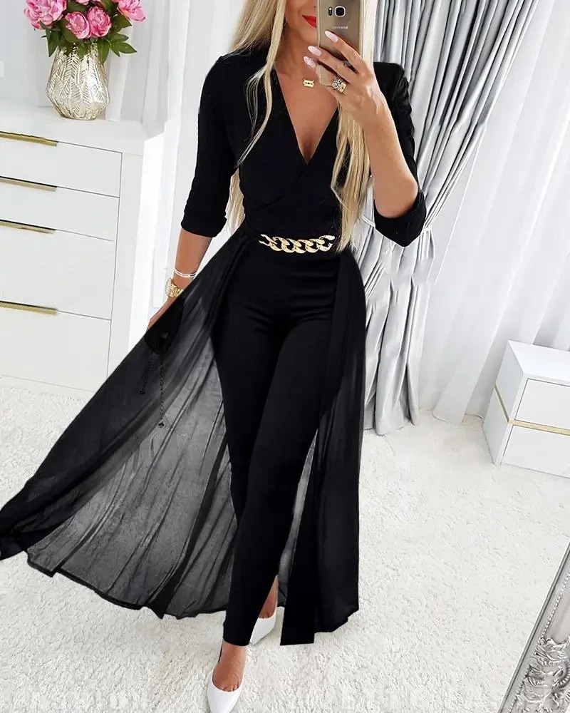 Women's Black Deep V-Neck 3/4 Sleeve Jumpsuit with Chain Belt and Chiffon Overlay-Aegean-sea