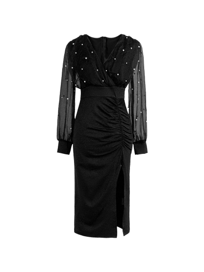 Vestido midi cruzado con mangas de malla adornadas con perlas negras para mujer-Aegean-sea