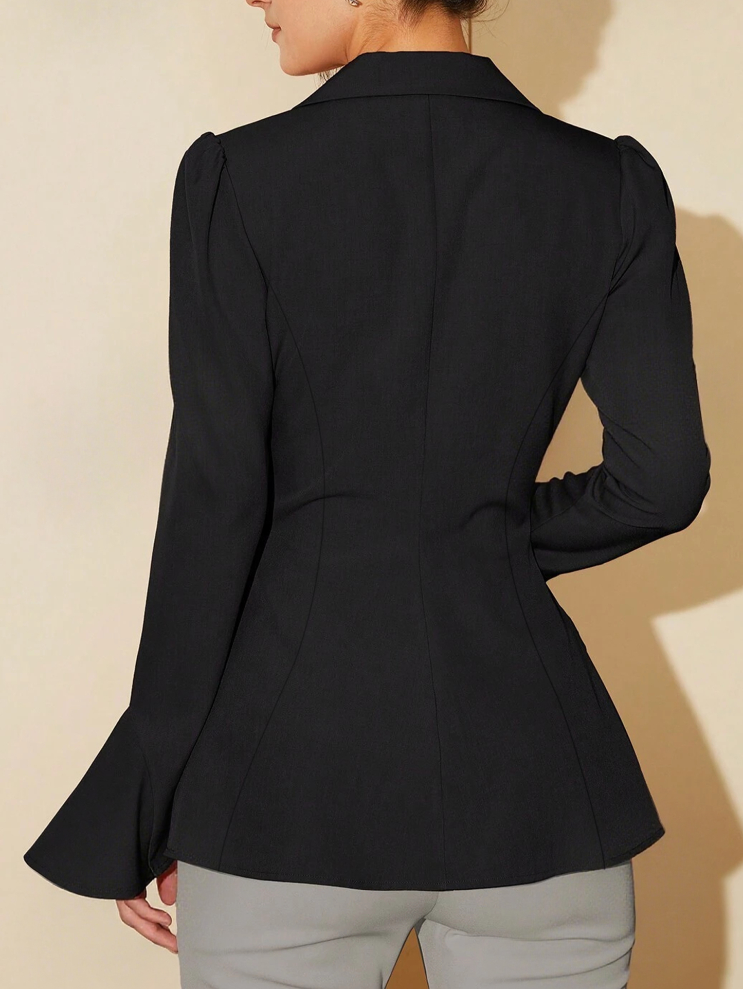 Black Deep V-neck suit jacket, puffed sleeve flared sleeve waist short cardigan-Aegean-sea