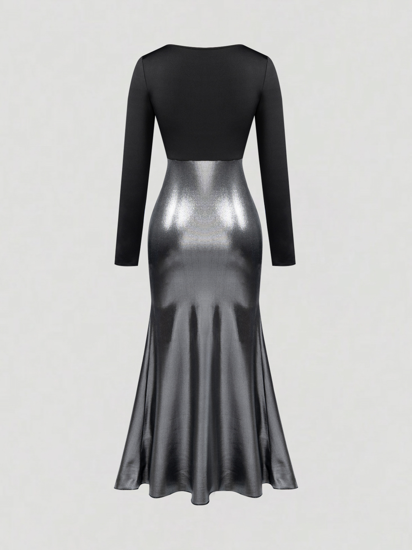Black-and-silver pearl-stitched dress. Long skirt with square neck and long sleeves, tight and shiny. Sexy dress for dinner parties.-Aegean-sea