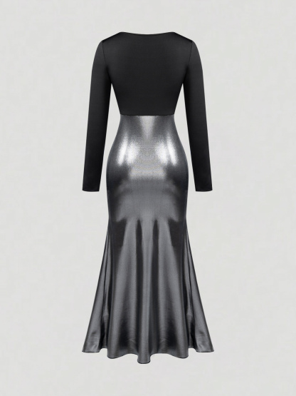 Black-and-silver pearl-stitched dress. Long skirt with square neck and long sleeves, tight and shiny. Sexy dress for dinner parties.-Aegean-sea