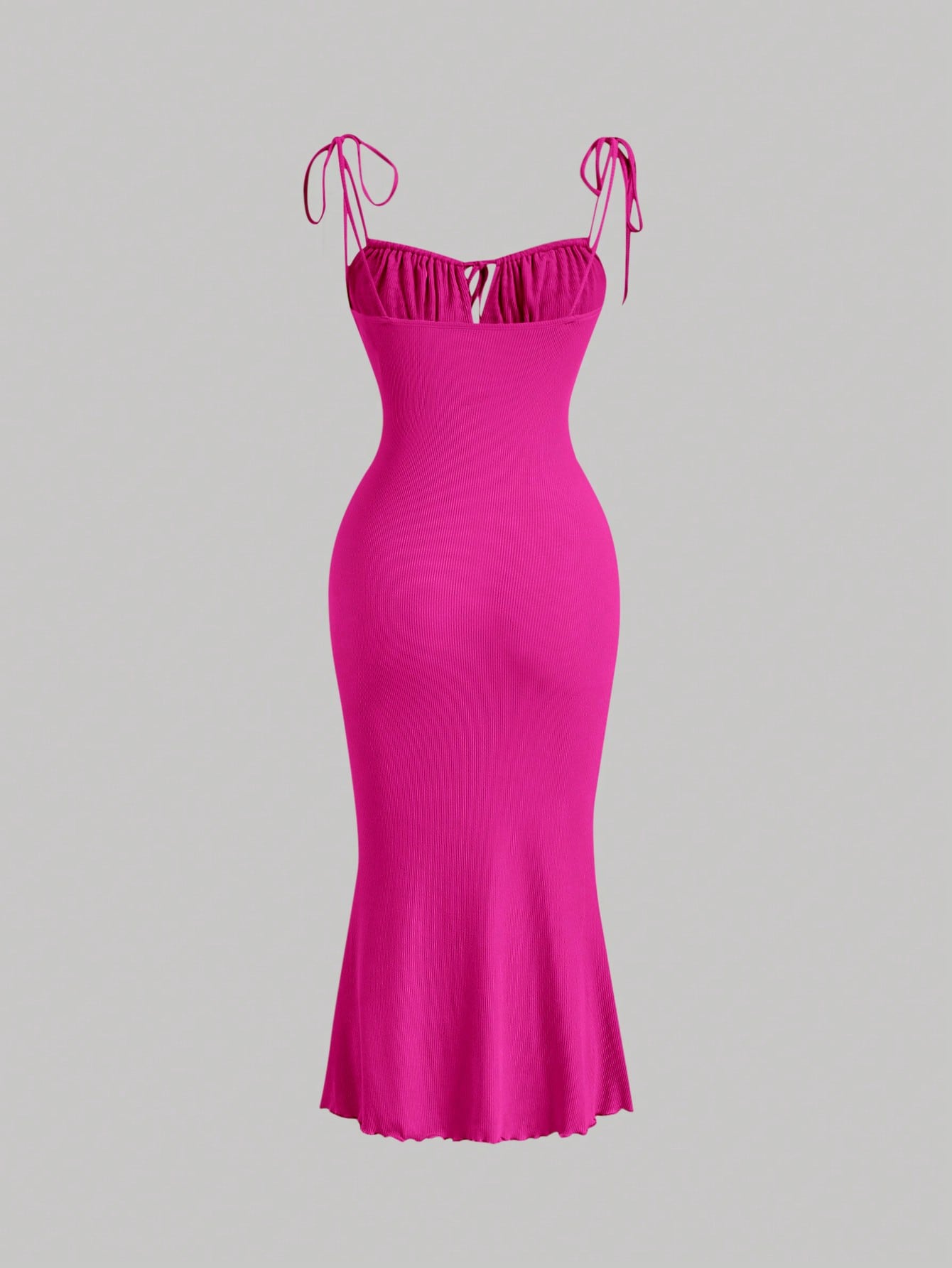Woman's Fuchsia Tie Shoulder Sweetheart Neck Ruched Bodycon Midi Dress-Aegean-sea