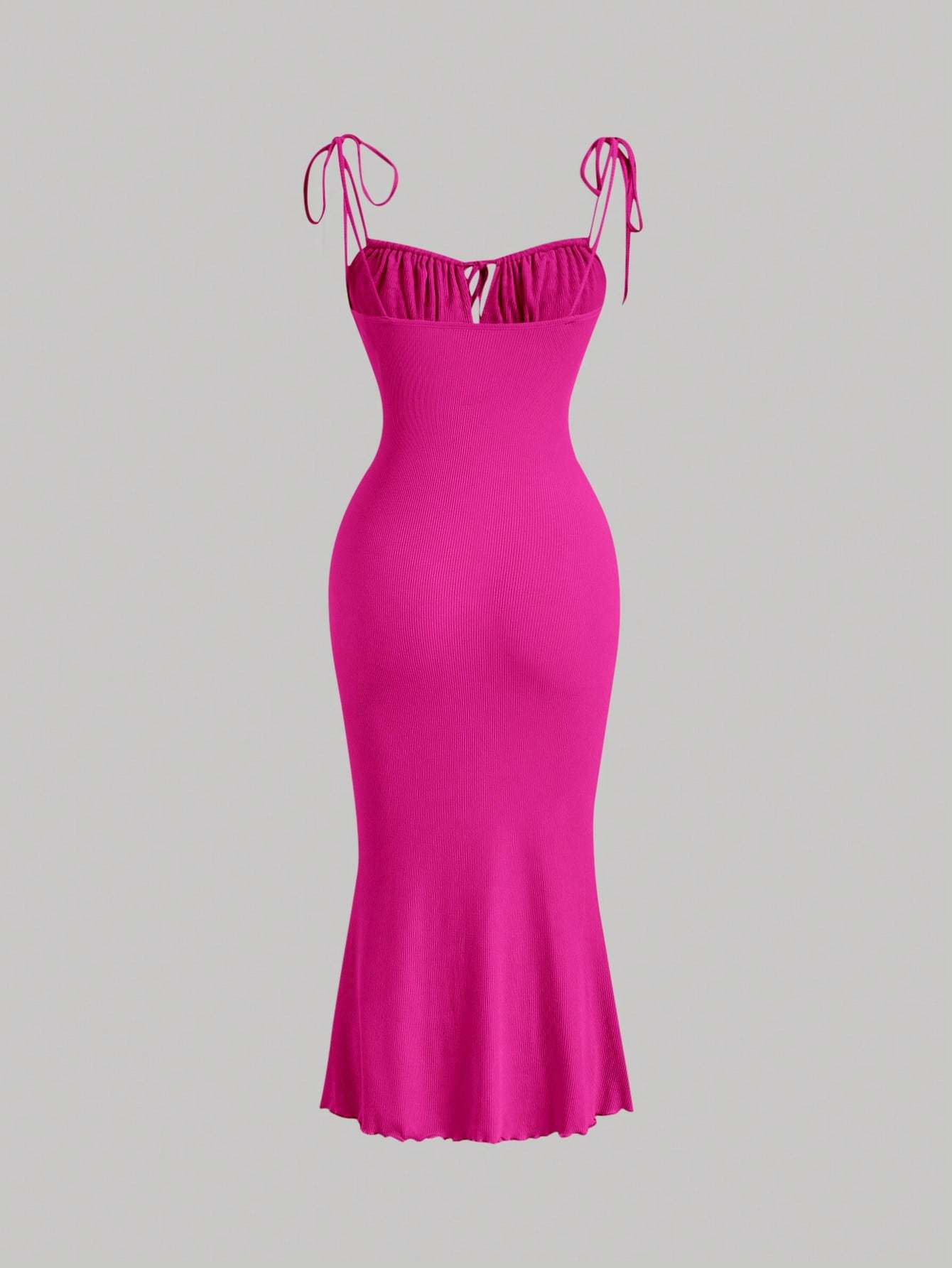 Woman's Fuchsia Tie Shoulder Sweetheart Neck Ruched Bodycon Midi Dress-Aegean-sea