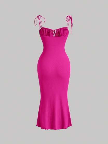 Woman's Fuchsia Tie Shoulder Sweetheart Neck Ruched Bodycon Midi Dress-Aegean-sea