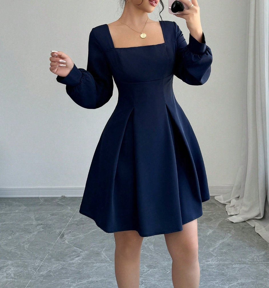 Woman's Navy Blue Square Neck Long-Sleeve Fit-and-Flare Mini Dress-Aegean-sea