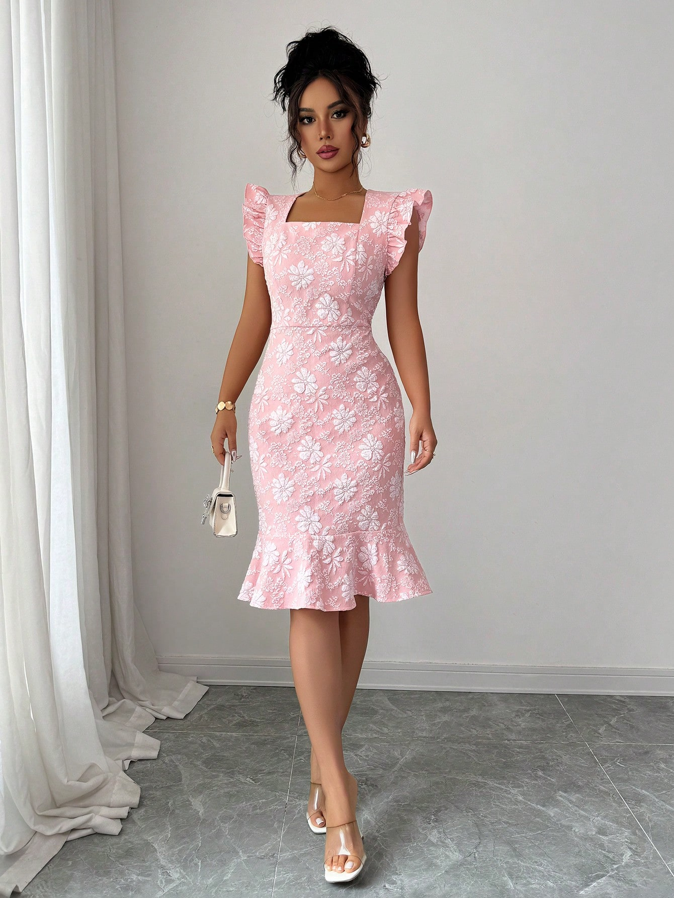 Pink Jacquard Square Neck Ruffle Bodycon Mini Dress, Elegant Casual Party Dress