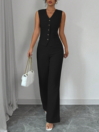 Conjunto de pantalones anchos y chaleco sin mangas de estilo femenino-Aegean-sea