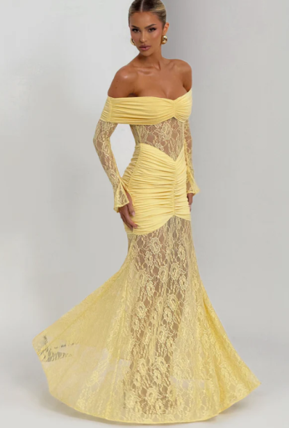 Woman's Light Yellow Off-Shoulder Lace Mermaid Dress