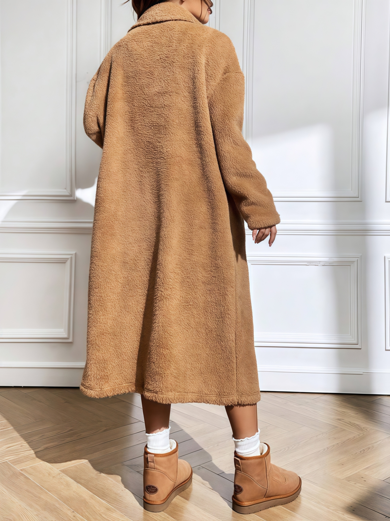 Women's Teddy Fleece Double - Breasted Long Coat-Aegean-sea