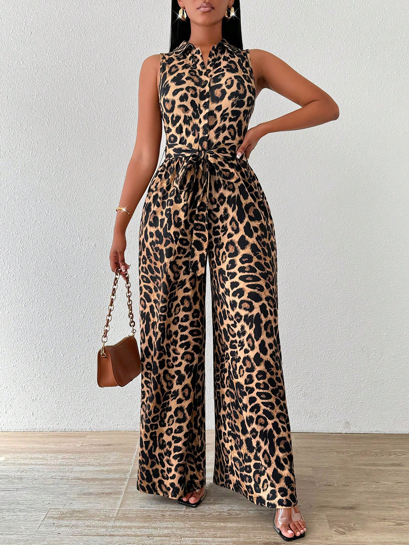 Leopard Print Sleeveless Jumpsuit with Shirt Collar, Self-Tie Belt & Wide Legs-Aegean-sea
