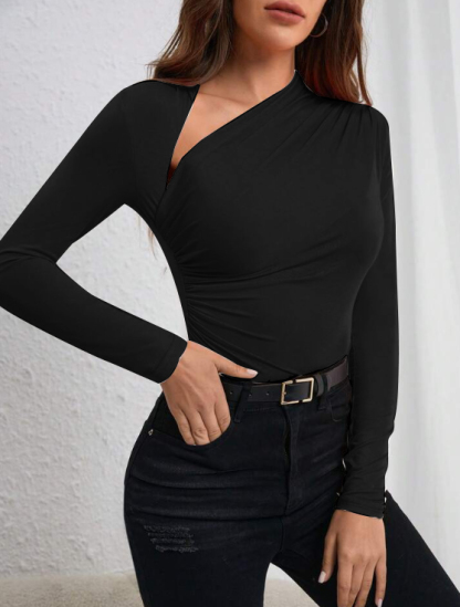 Woman's Asymmetric Cutout Long Sleeve Fitted Top-Aegean-sea