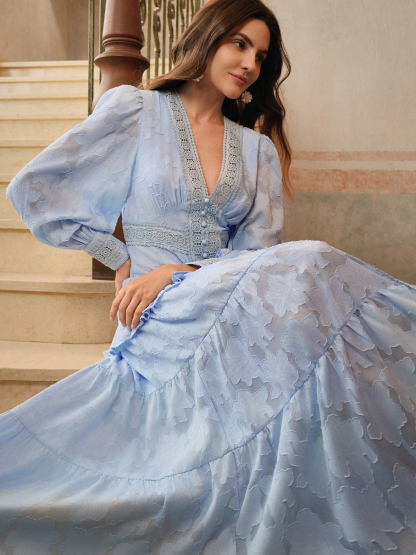Women's V-Neck Puff Sleeve Tiered Maxi Dress - Lace Trim Embroidered Boho Gown