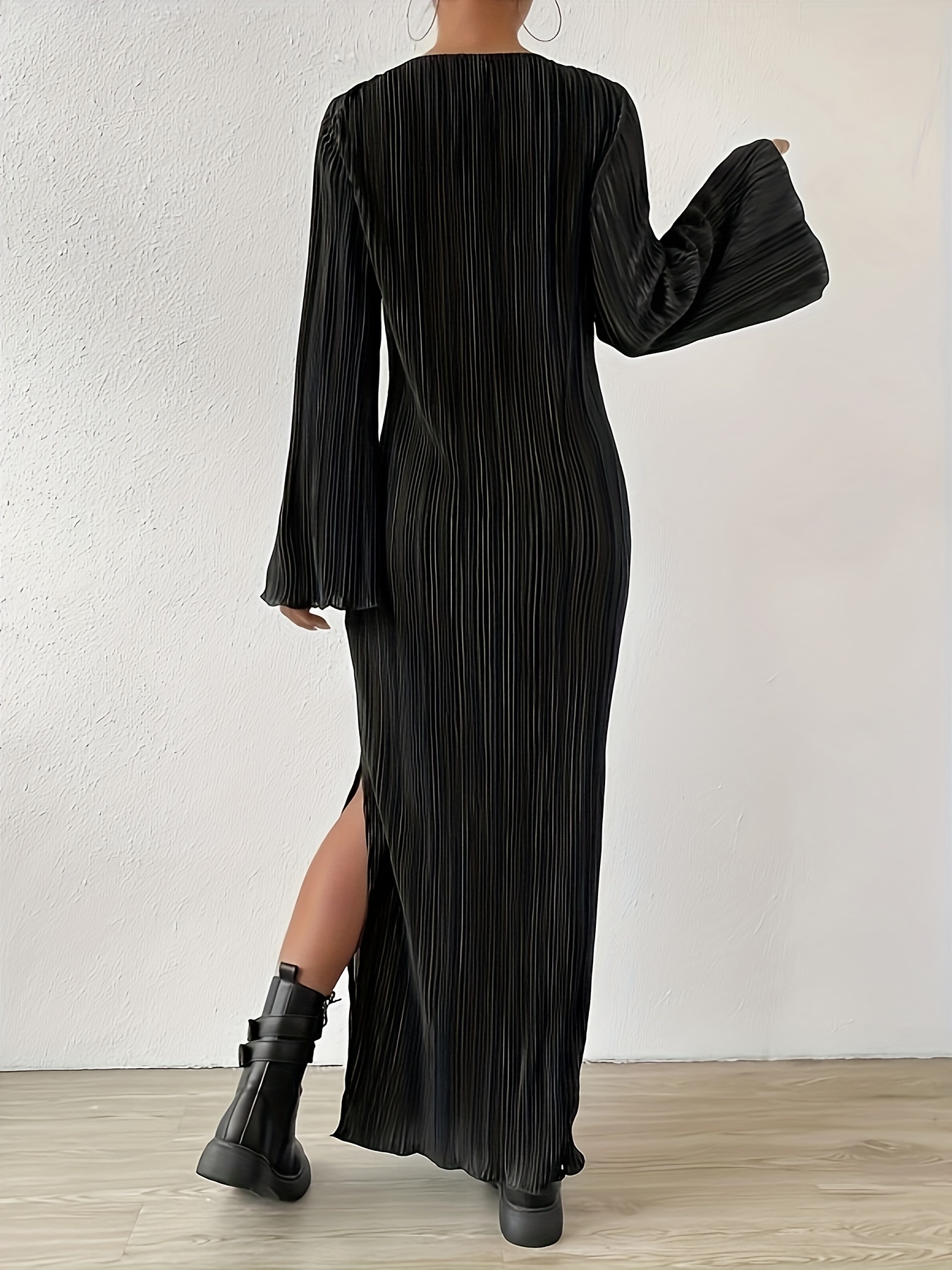 Woman's Long Sleeve Maxi Dress with Bell Sleeves, Vertical Pleats and Side Slit-Aegean-sea