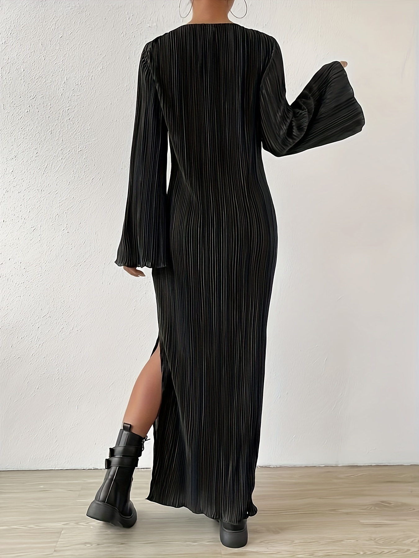 Woman's Long Sleeve Maxi Dress with Bell Sleeves, Vertical Pleats and Side Slit-Aegean-sea