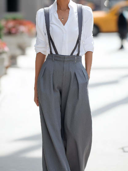 Gray cross-strap wide-legged pants, high-waisted business suit pants