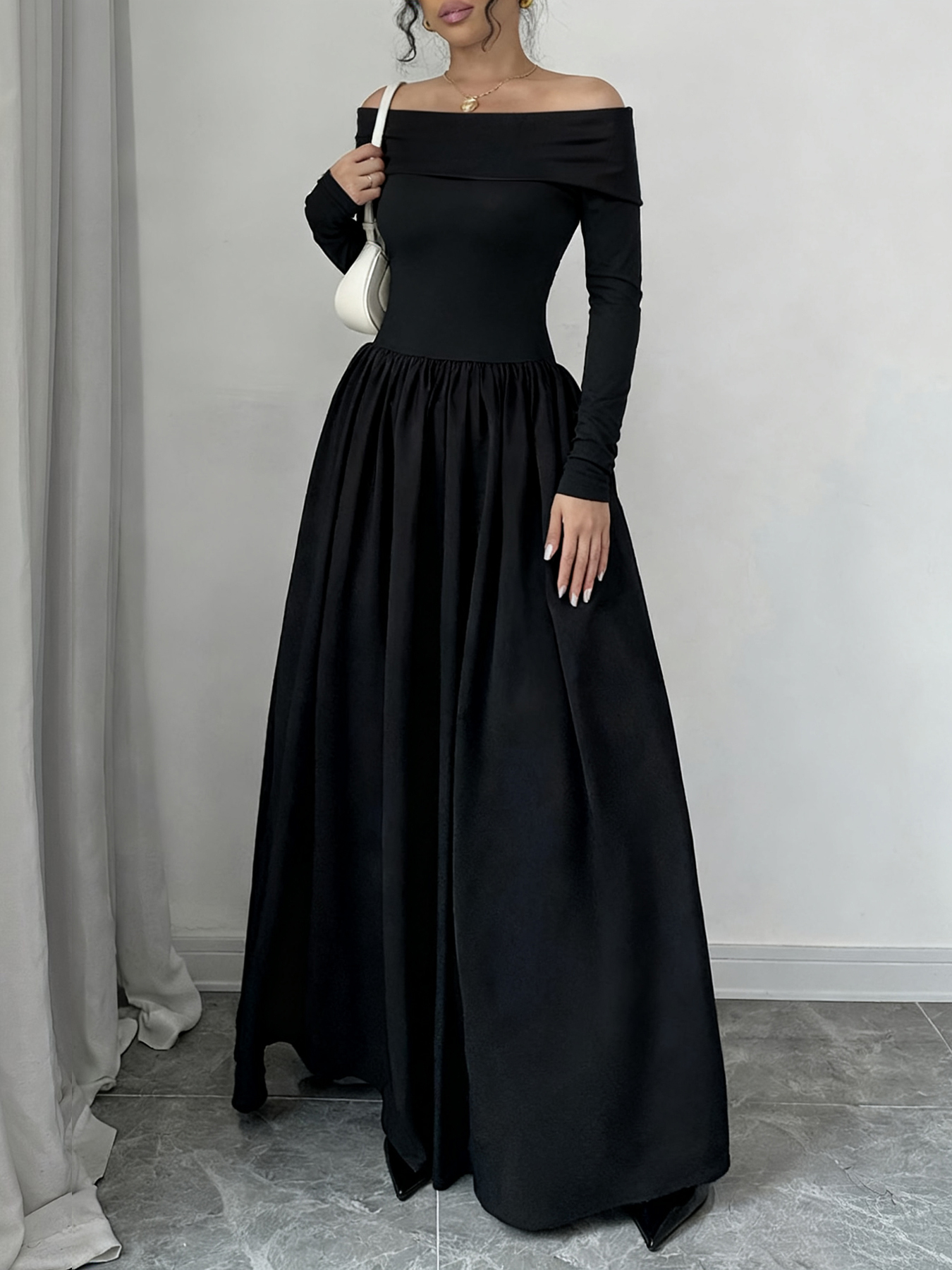 Woman's Black Off-the-Shoulder Long-Sleeve Maxi Dress with Full Skirt-Aegean-sea