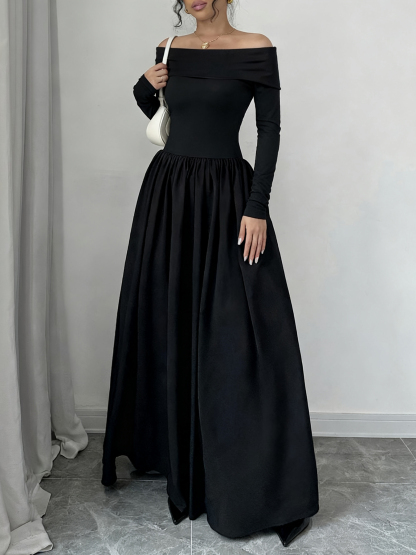 Woman's Black Off-the-Shoulder Long-Sleeve Maxi Dress with Full Skirt-Aegean-sea