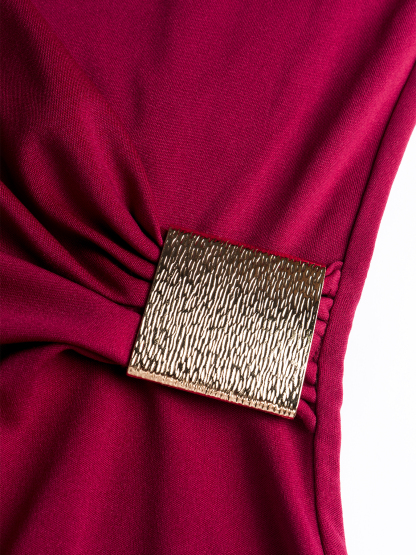 Woman's Burgundy Long-Sleeve Ruched Waist Midi Sheath Dress-Aegean-sea