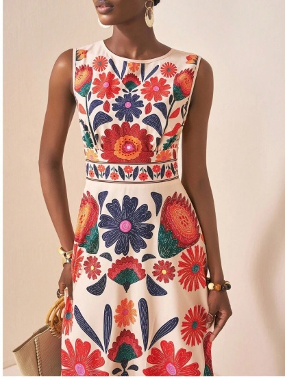 2026 Spring New Colorful Mexican Floral Embroidered Maxi Dress - Sleeveless Formal Party Gown