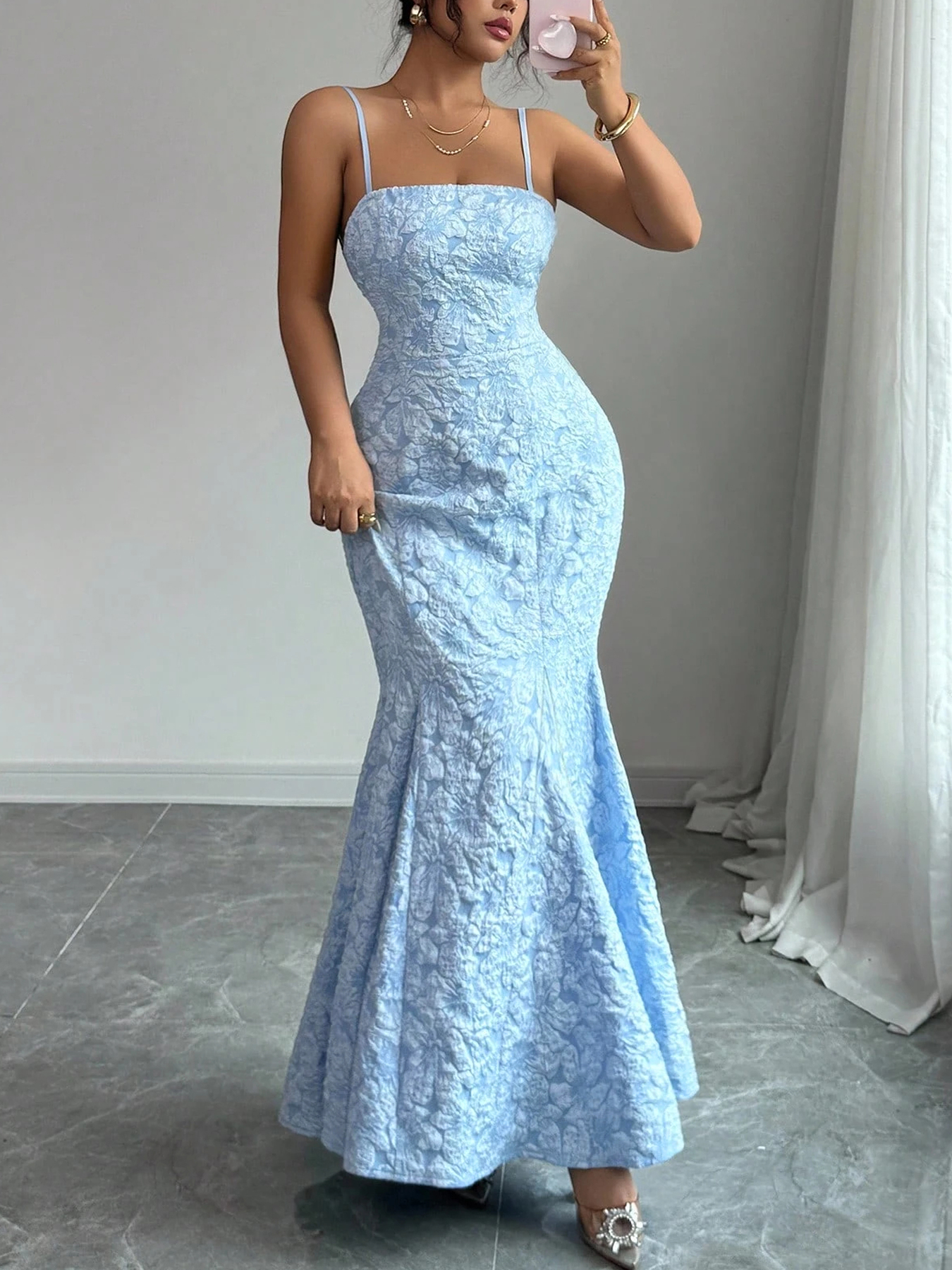 Women's Spaghetti Strap Floral Jacquard Mermaid Maxi Dress - Square Neck Bodycon Evening Gown