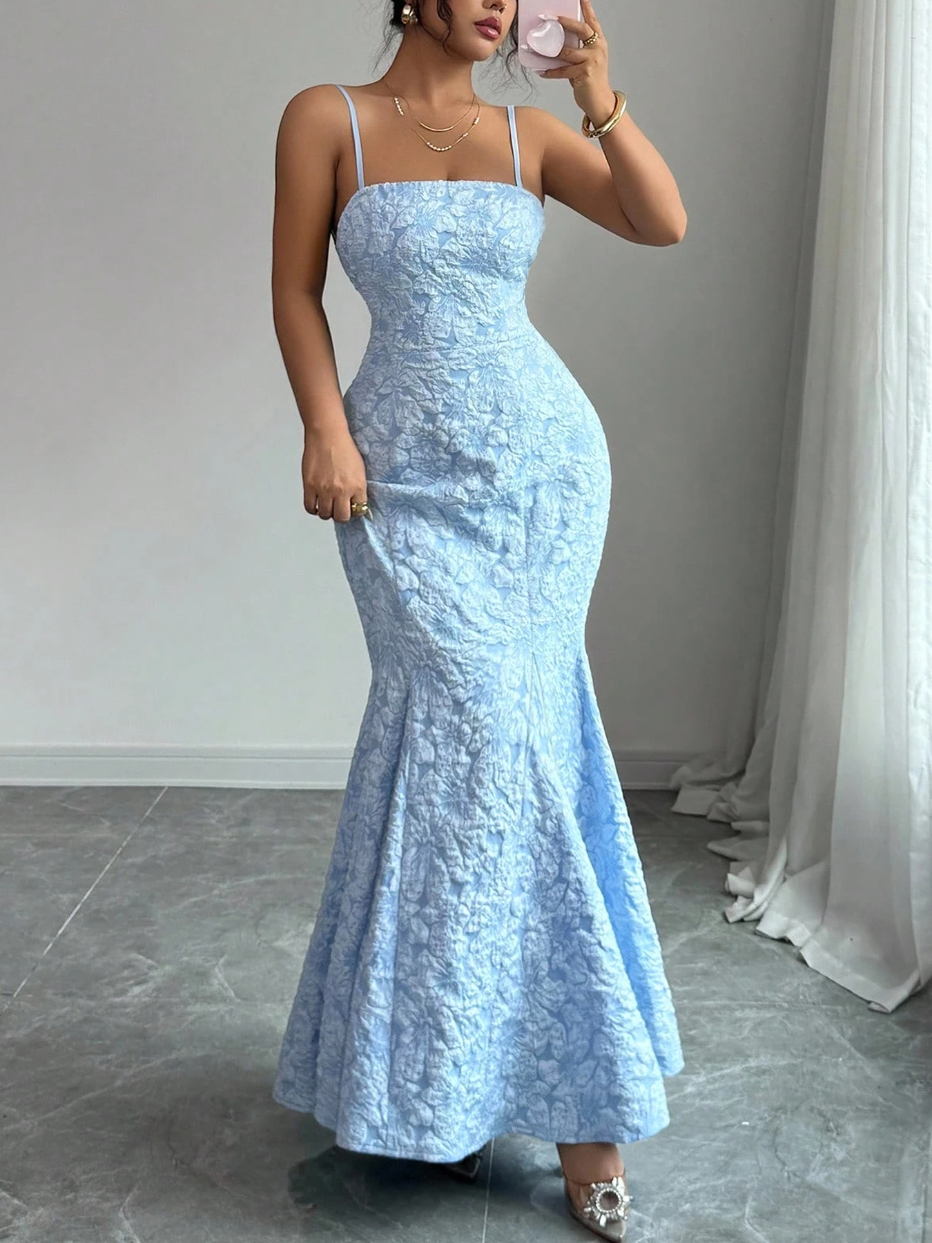 Women's Spaghetti Strap Floral Jacquard Mermaid Maxi Dress - Square Neck Bodycon Evening Gown
