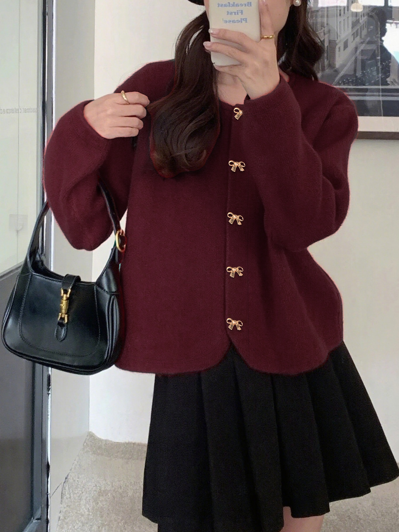 Cardigan de cuello redondo con botón abotonado cortado para mujer-Aegean-sea