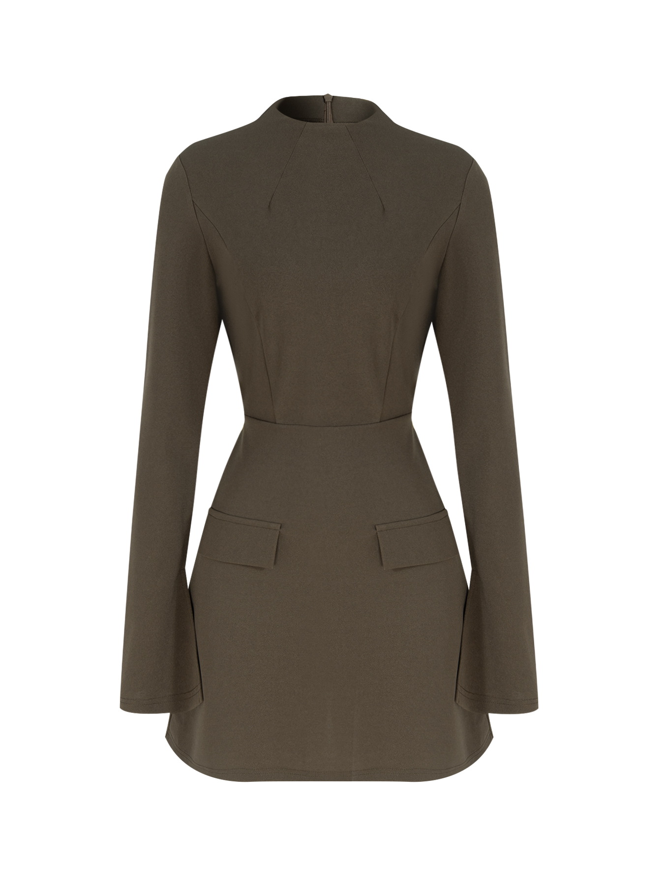 Women's Olive Green Mock Neck Long Sleeve Bodycon Mini Dress with Pockets-Aegean-sea