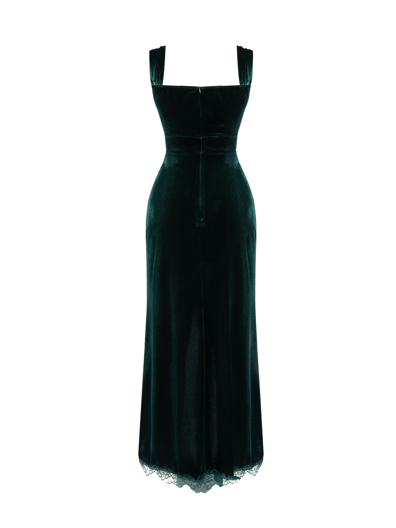 Woman's Dark Green Velvet Square Neck Bow Belt Lace Slit Maxi Dress