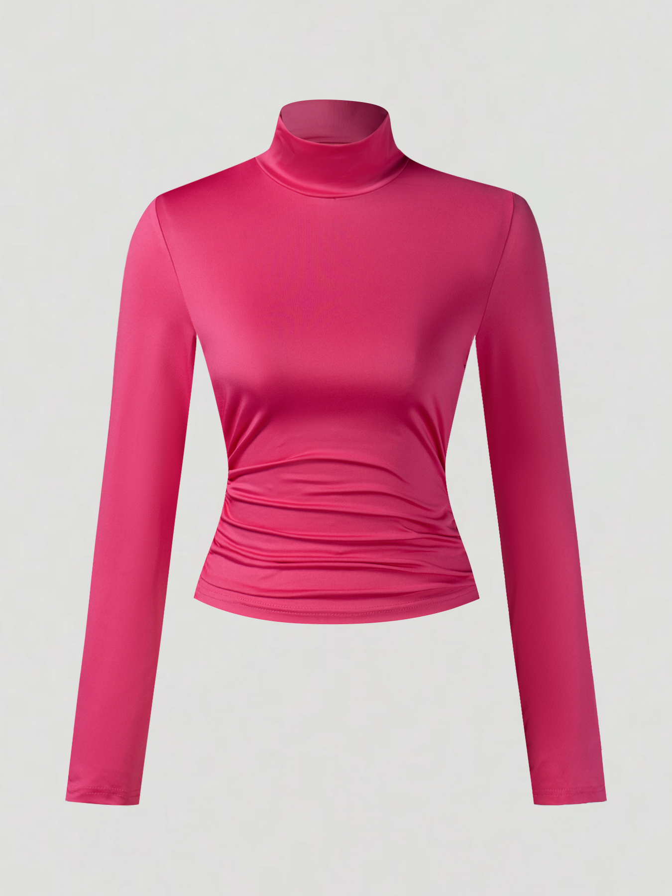 Women's Pink Turtleneck Long Sleeve Ruched Crop Top-Aegean-sea