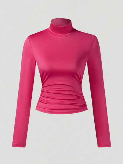 Women's Pink Turtleneck Long Sleeve Ruched Crop Top-Aegean-sea