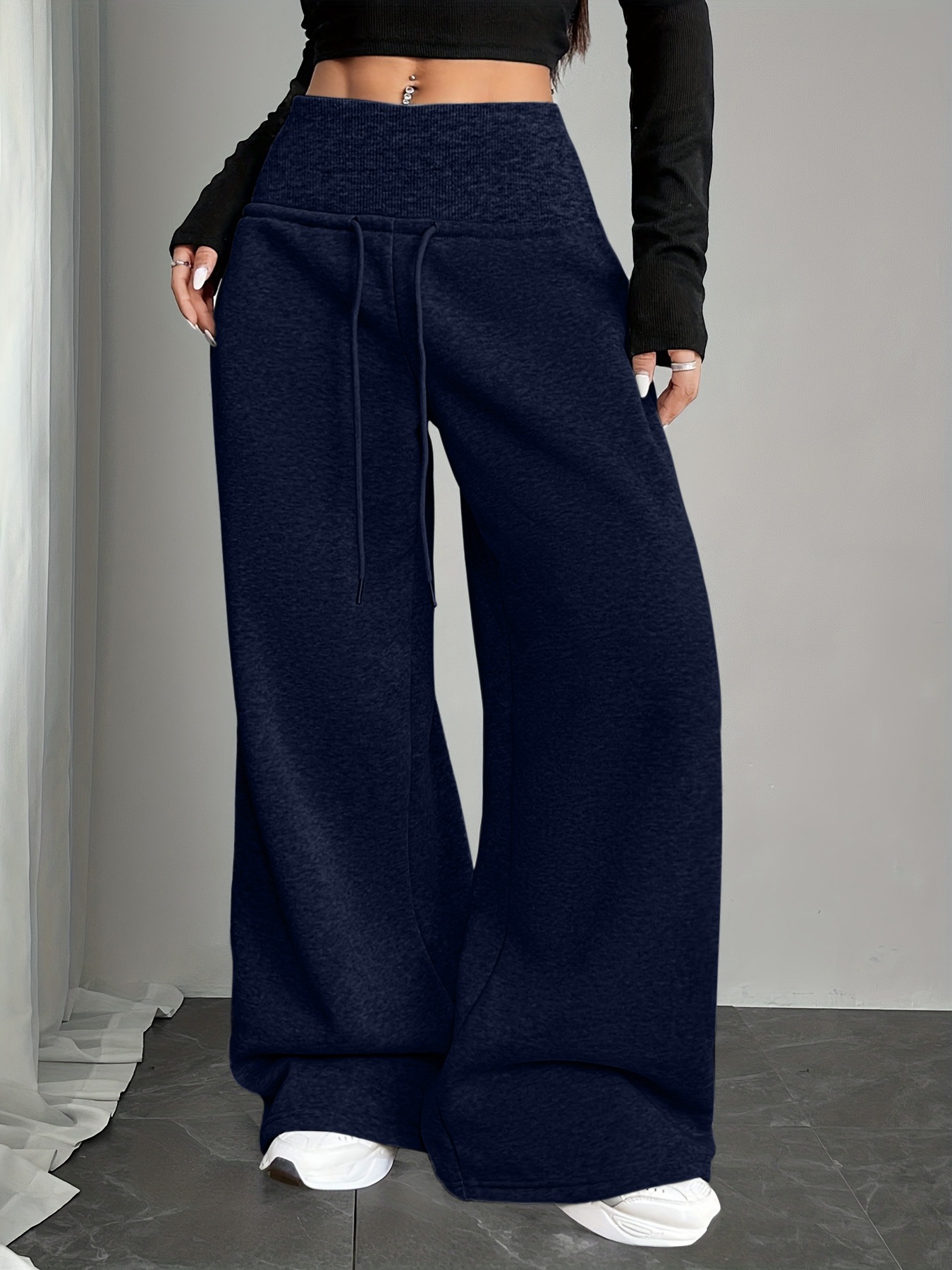 Light gray high waist drawstring broad leg wei pants woman, loose sagging feeling lazy wind pants