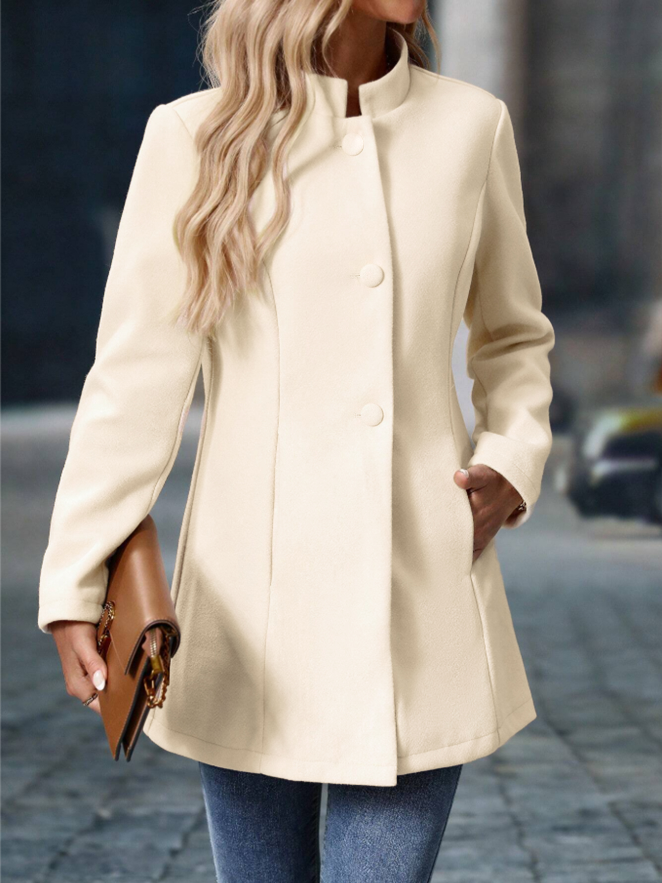 Woman's Cream White Stand Collar Mid-Length Coat with Round Fleece Buttons-Aegean-sea