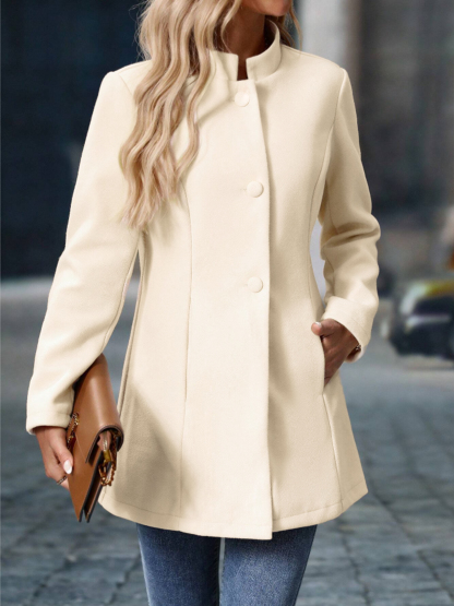 Woman's Cream White Stand Collar Mid-Length Coat with Round Fleece Buttons-Aegean-sea